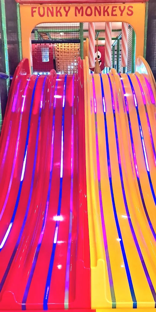 Two colorful slides at a children's play area, with "Funky Monkeys" signage above.