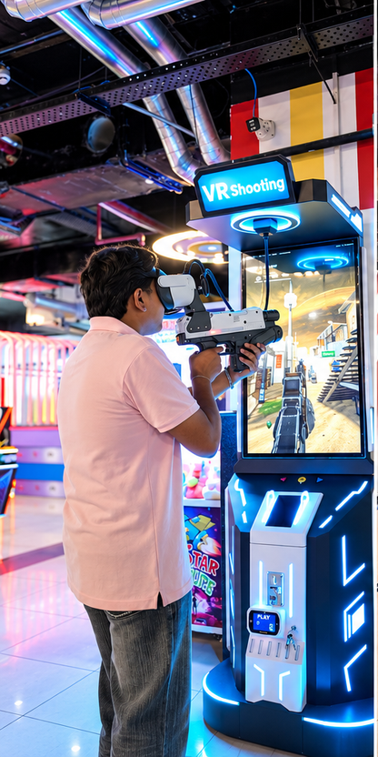 A young person plays a VR shooting game in an arcade, holding a replica gun and wearing a headset.