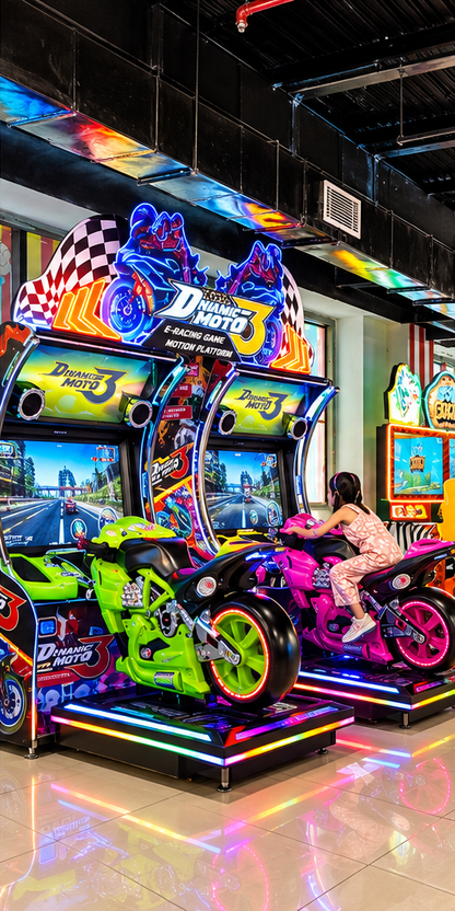 A young girl plays a motorcycle racing arcade game, with neon lights reflecting on the floor.