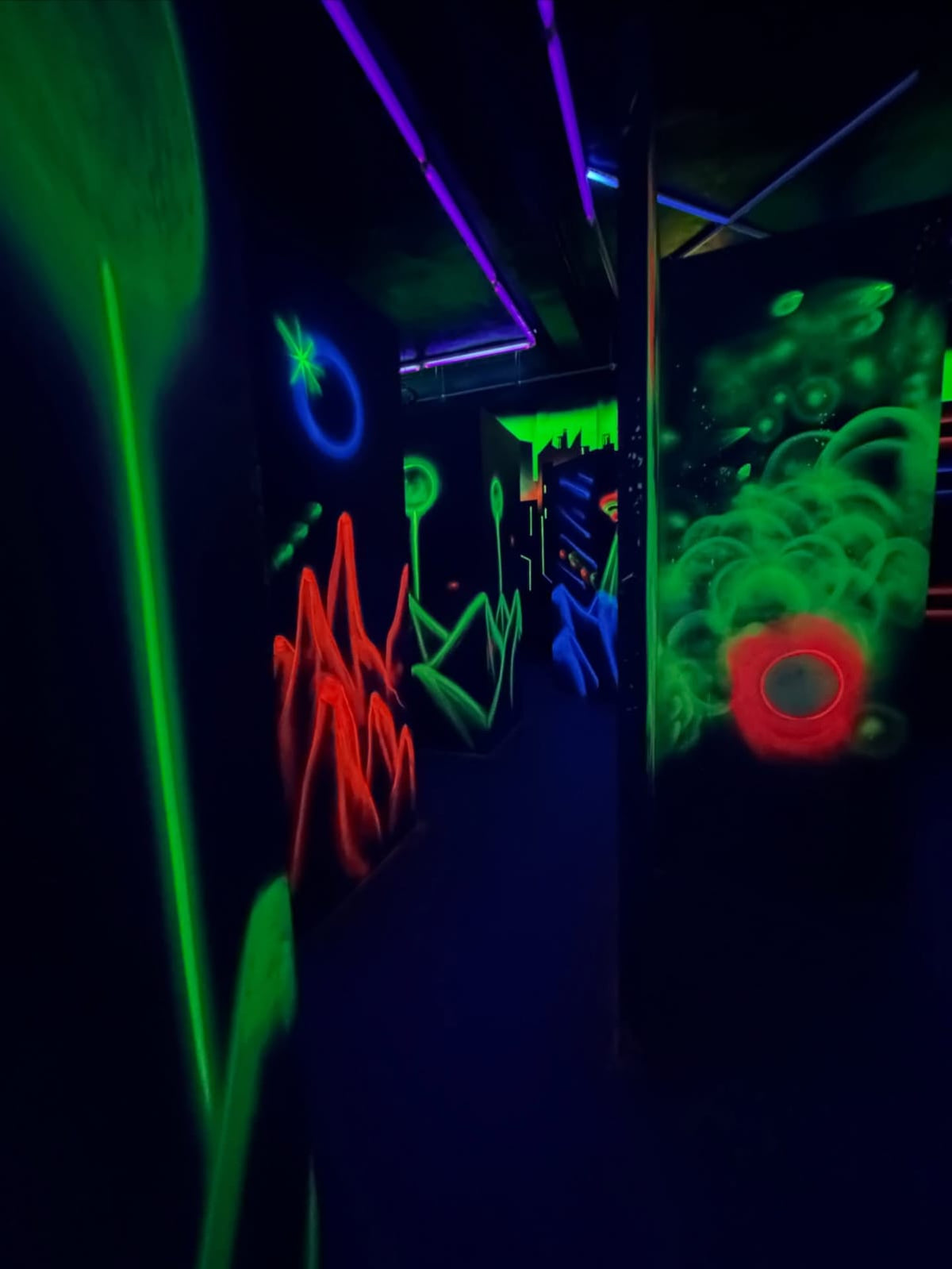 Neon-lit laser tag arena with glowing alien-like art.