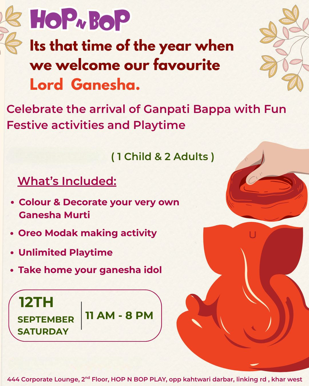 Ganpati Celebration (12 Sep) at Hop N Bop | The Corporate Lounge Khar West Mumbai