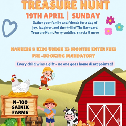 Promotional poster for a Barnyard Treasure Hunt event with colorful graphics and text.