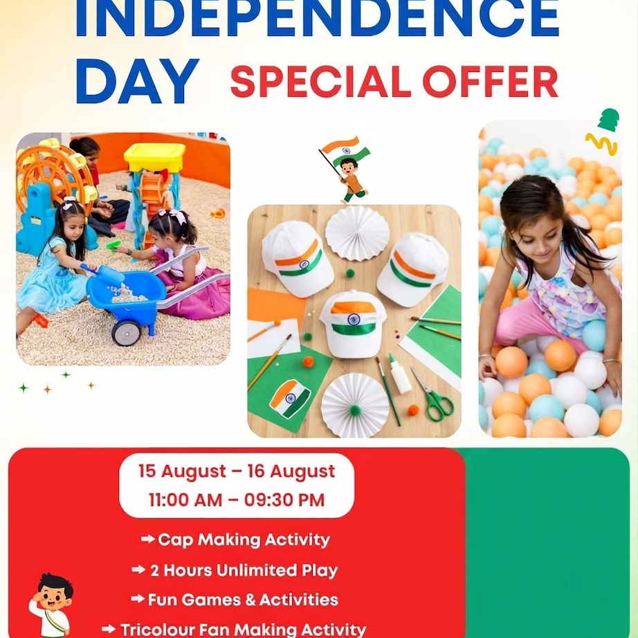 Promotional flyer for Giggles N Joy celebrating Independence Day Special Offer, featuring event details from 15 August to 16 August, 11:00 AM to 09:30 PM. The flyer includes three inset photos of children playing with toy sand, cap, and tricolor paper fans, and a girl playing in a ball pit.