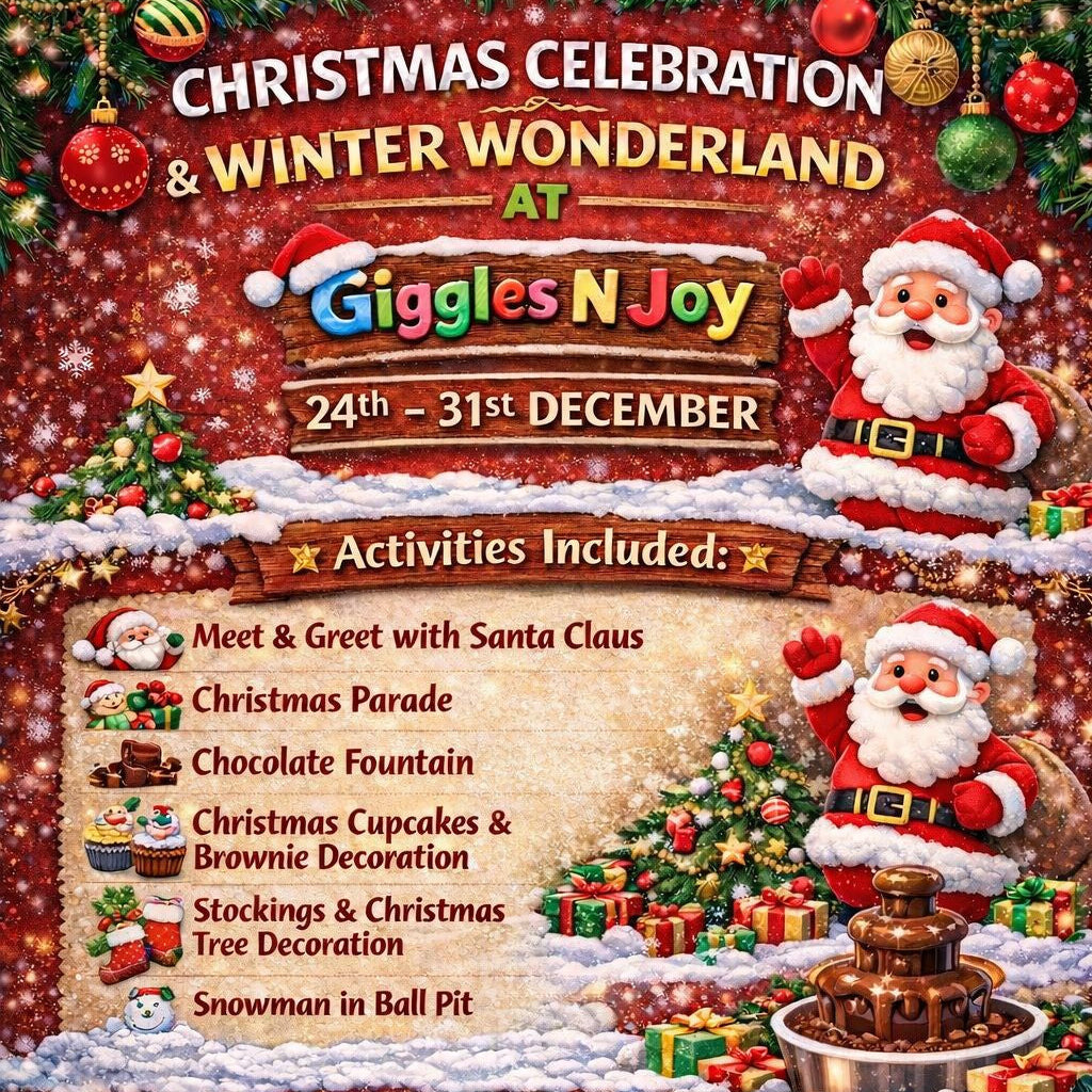 Promotional poster for Christmas celebration and winter wonderland event at Giggles N Joy with Santa Claus and festive decorations.