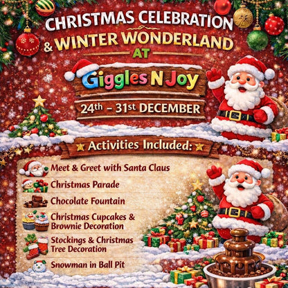 Promotional poster for Christmas celebration and winter wonderland event at Giggles N Joy with Santa Claus and festive decorations.