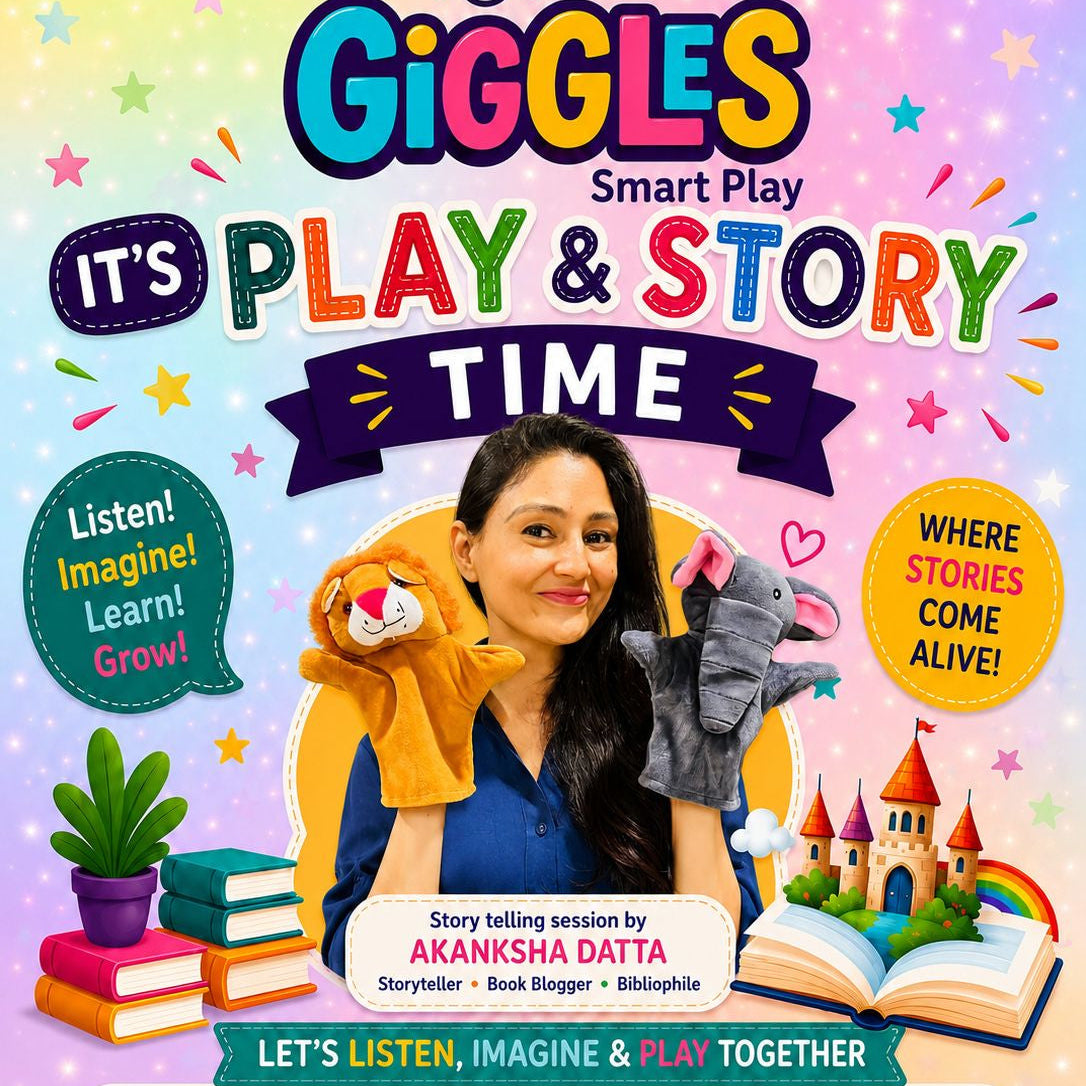Promotional flyer for 'Giggles Smart Play' event with a storyteller and colorful design.