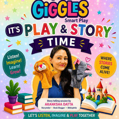 Promotional flyer for 'Giggles Smart Play' event with a storyteller and colorful design.