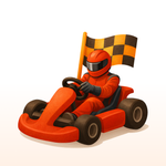 Orange go-kart with driver holding a checkered flag on a white background