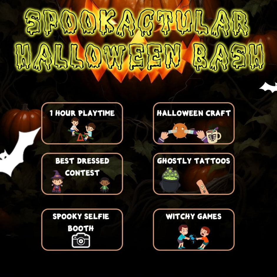 Halloween-themed event flyer with pumpkins and activities listed on a dark background