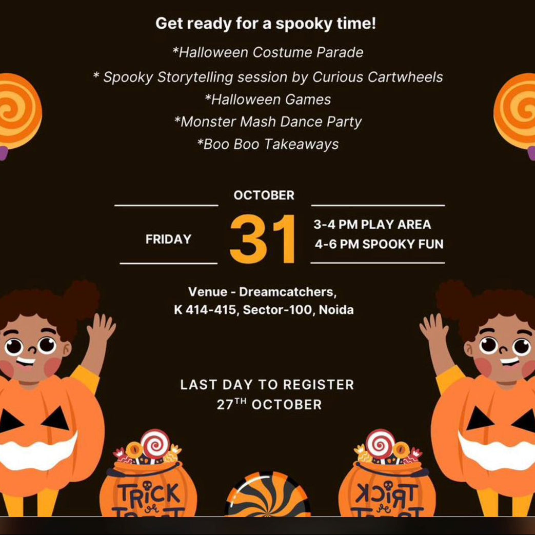 Halloween event flyer for Curious Carthews and Dreamcatchers with children in costumes and Halloween-themed decorations.