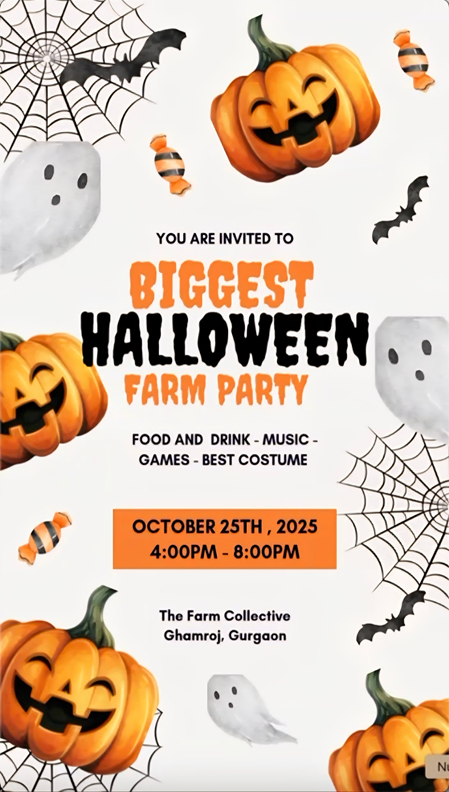 Halloween party invitation with pumpkins, ghosts, and spider webs on a white background
