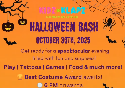 Promotional flyer for KIDZ N' KLAPZ Halloween Bash with Halloween-themed elements on an orange background.
