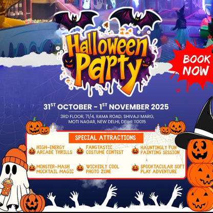 Promotional poster for a Halloween party event with colorful design and text.