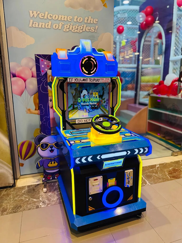 A colorful arcade racing game for children, featuring a cartoon character and a playful background.