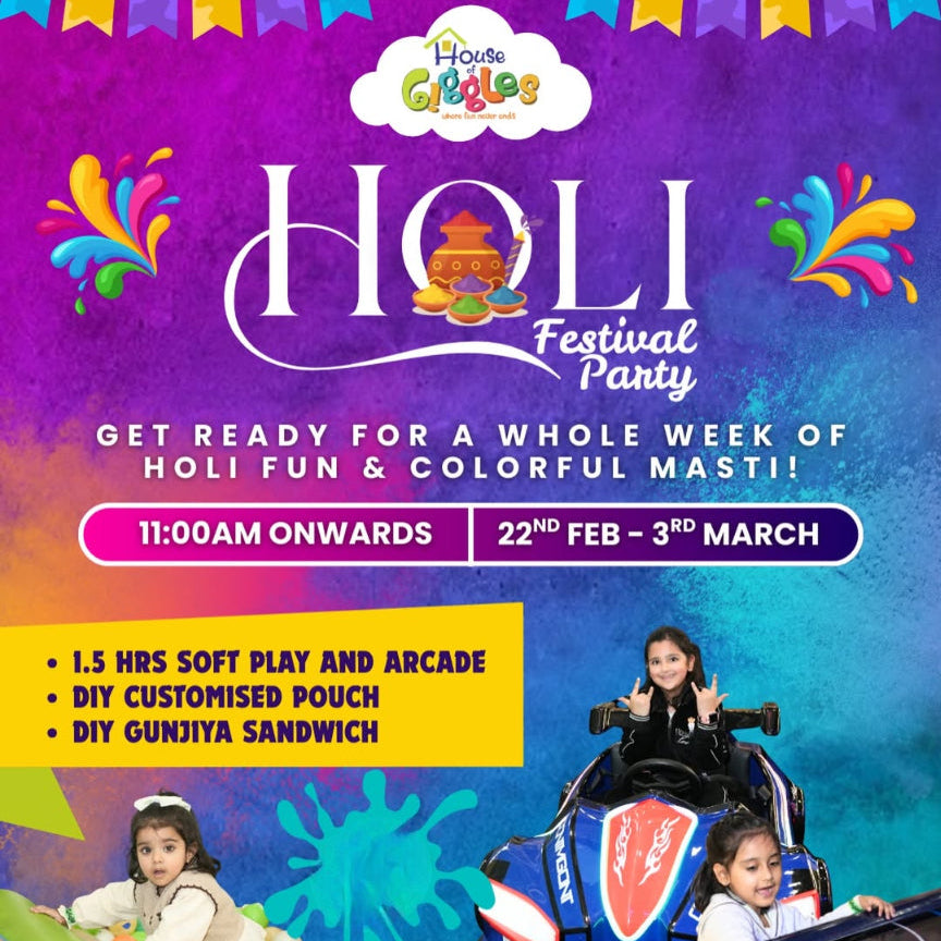 Promotional poster for Holi Festival Party at House of Giggles with colorful design and text.