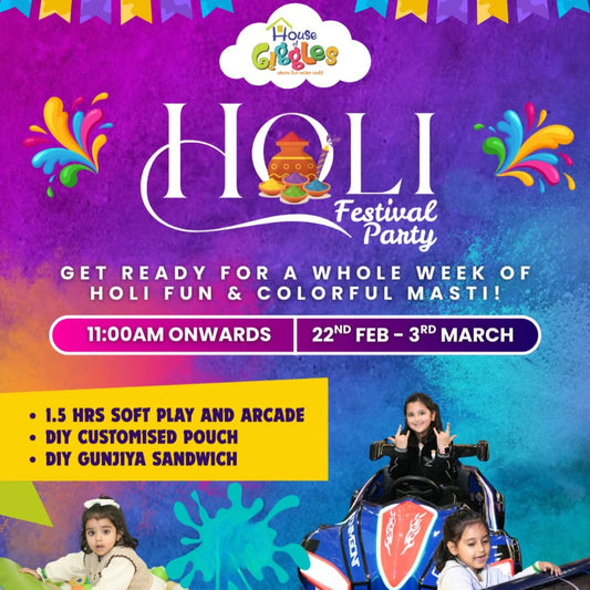 Promotional poster for Holi Festival Party at House of Giggles with colorful design and text.
