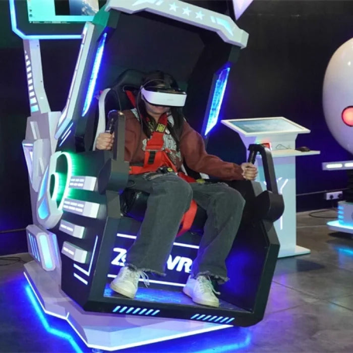 A person in a VR headset sits in a futuristic gaming chair with glowing blue lights.