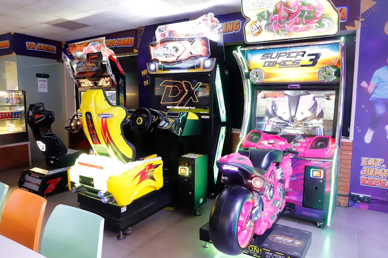 Arcade with racing and motorcycle games.