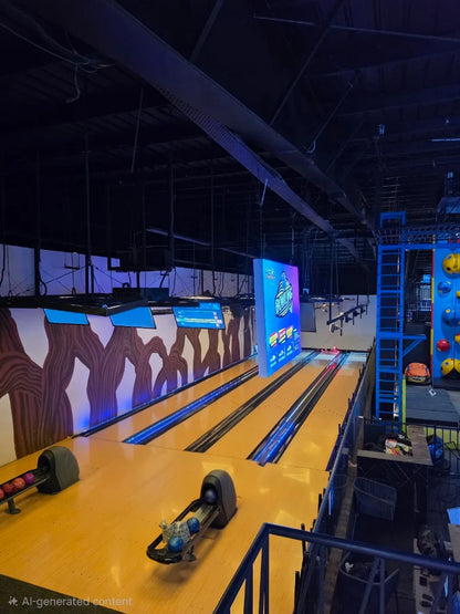 An indoor bowling alley with multiple lanes, illuminated by blue lights, and a climbing wall in the background.