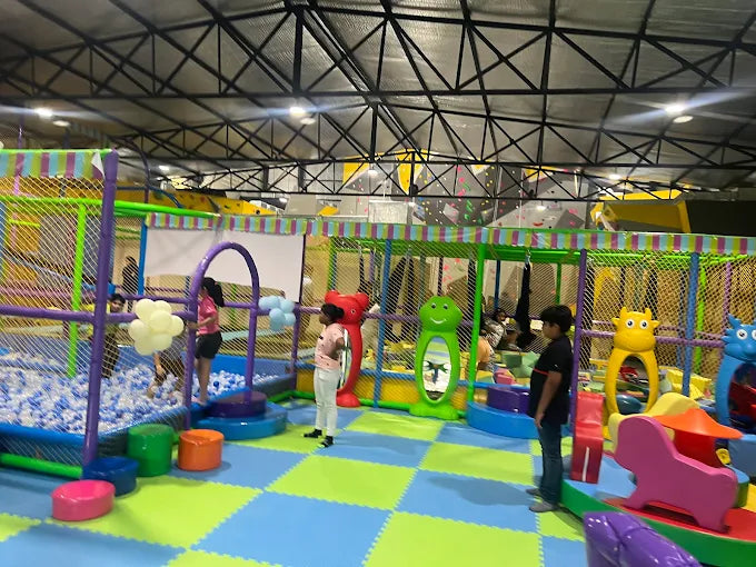 Indoor kids play zone with colorful foam mats, animal-themed climbing obstacles, and a large ball pit area