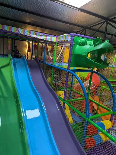 Indoor play structure with colorful slides, climbing nets, and a green alligator-shaped tunnel in a covered play area
