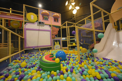 A colorful ball pit in a children's indoor playground with slides and climbing structures.