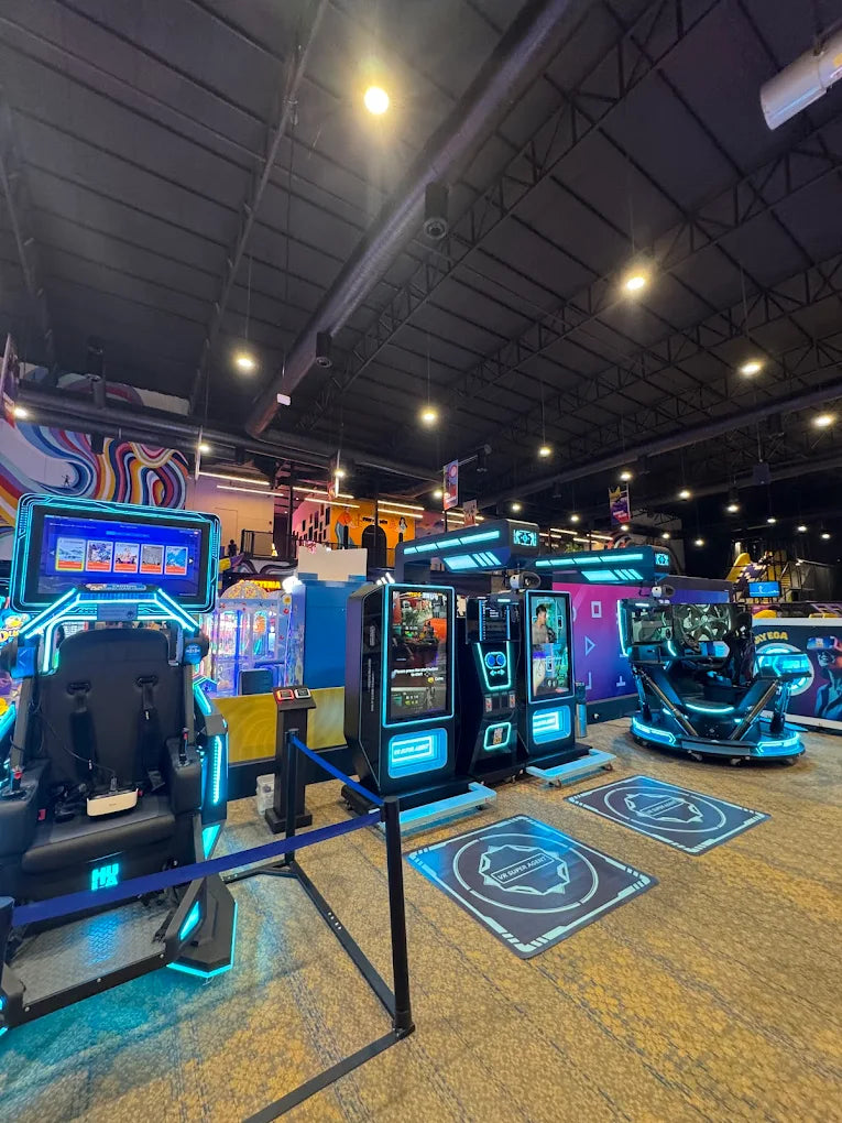 An arcade with VR gaming stations and other attractions.