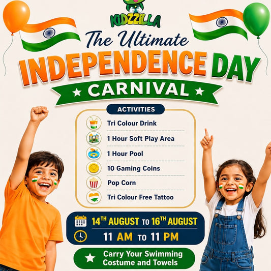Promotional flyer for 'The Ultimate Independence Day Carnival' by Kozzla, featuring festive graphics, Indian flag balloons, and two children with painted faces. The flyer lists carnival activities, dates, times, and venue details on a light cream background.