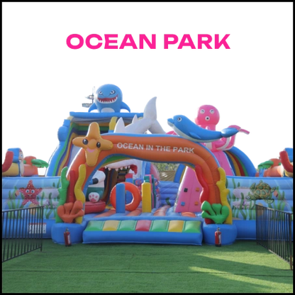 An inflatable ocean-themed playground with children playing.