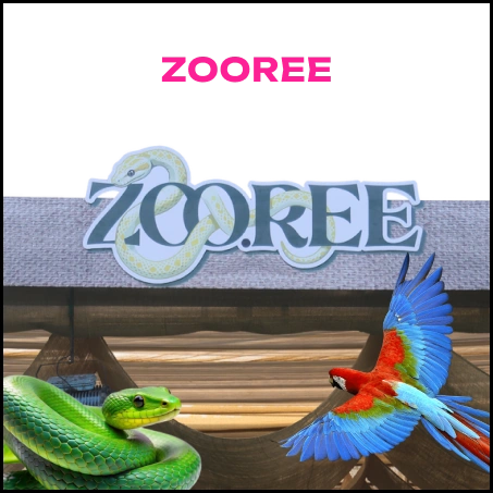 A sign for "ZOOREE" with a snake and a parrot in front of a wooden structure.