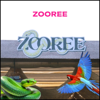 A sign for "ZOOREE" with a snake and a parrot in front of a wooden structure.