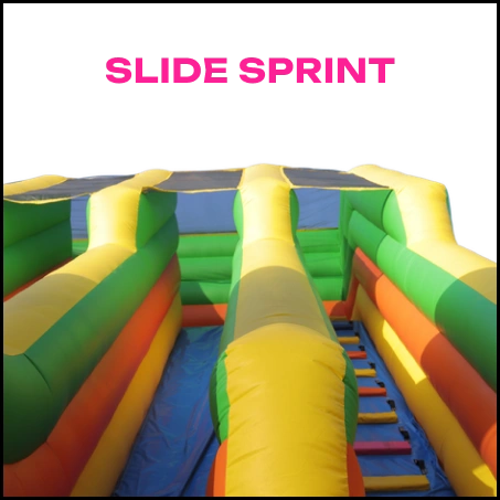 An inflatable obstacle course with slides and climbing elements, labeled "SLIDE SPRINT."