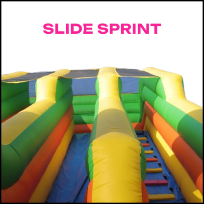 An inflatable obstacle course with slides and climbing elements, labeled "SLIDE SPRINT."