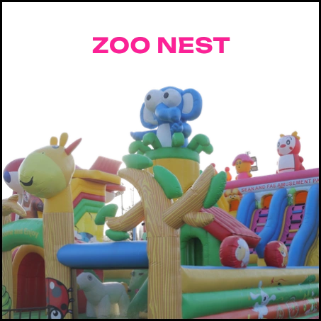 An inflatable zoo-themed playground with cartoon animals and slides.