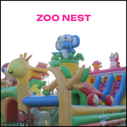 An inflatable zoo-themed playground with cartoon animals and slides.