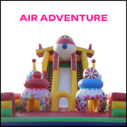 An inflatable "Air Adventure" playground with a slide and colorful candy-themed structures.