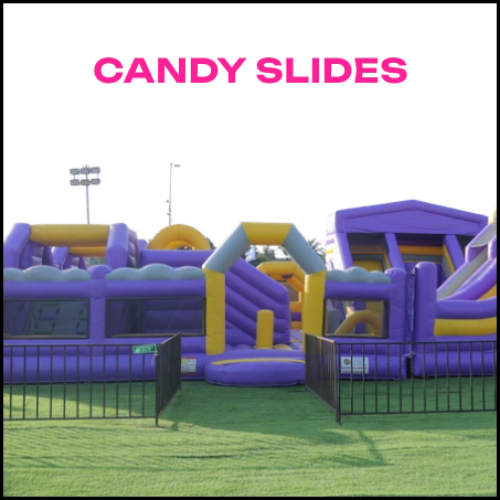 An inflatable candy-themed obstacle course with slides and tunnels for children.
