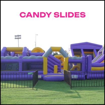An inflatable candy-themed obstacle course with slides and tunnels for children.