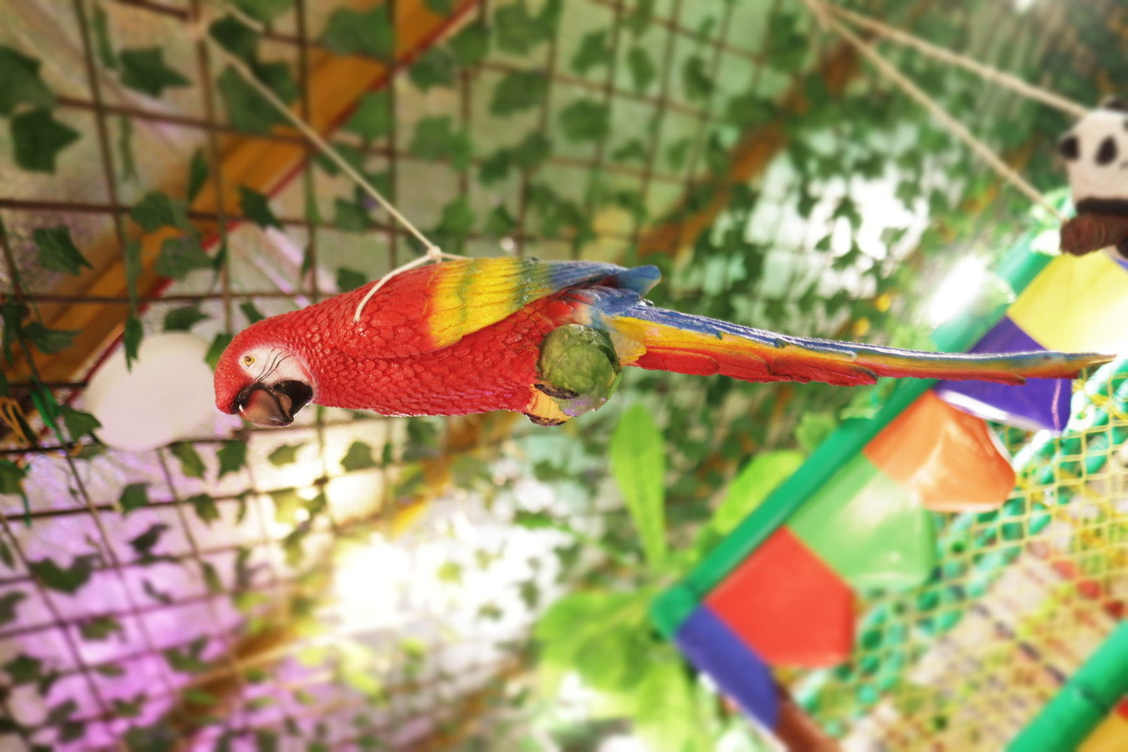 Colorful parrot model suspended above vibrant climbing structures and leafy decor inside Jumping Jollies play area Sector 104 Hazipur