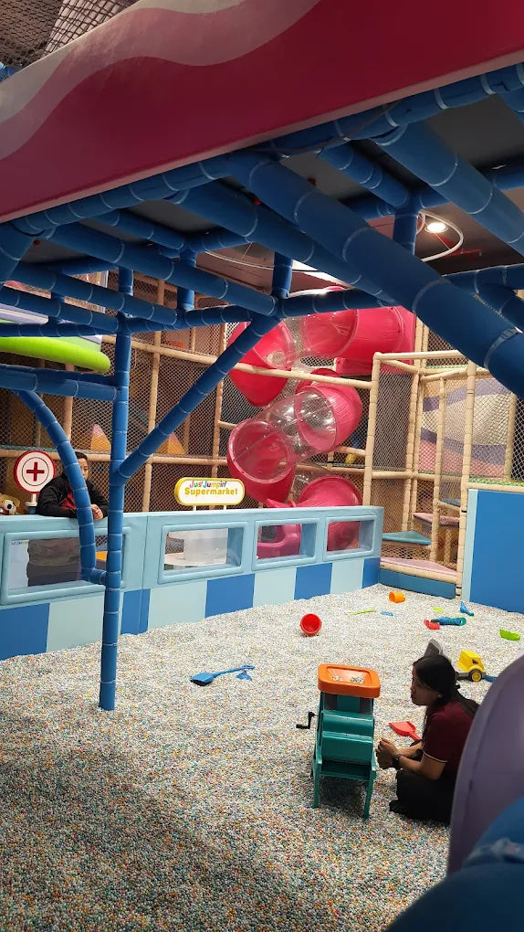 Children's indoor playground with ball pit and slides.