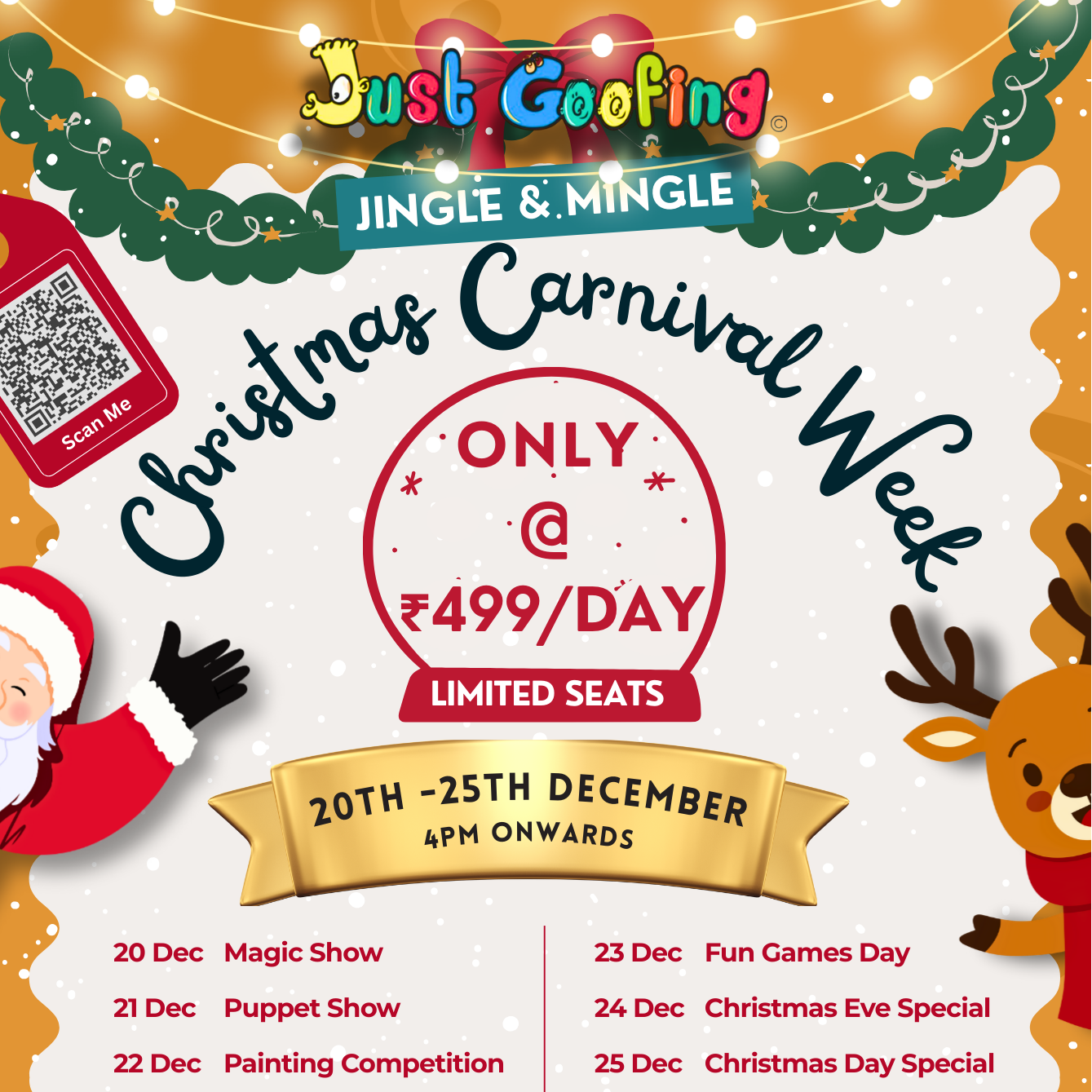 Promotional flyer for Christmas Carnival Week with Santa Claus and reindeer, featuring event details and pricing.