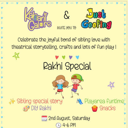 Invitation card for a Rakhi Special event with children holding hands and colorful text on a yellow background.