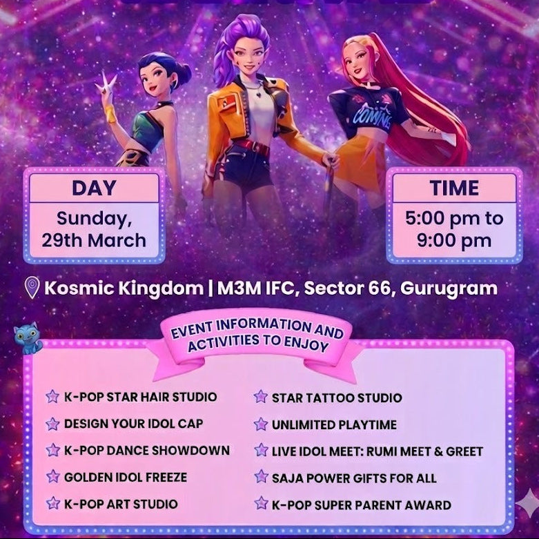 Promotional poster for K-Pop Karnival event at Kosmic Kingdom with characters and event details.