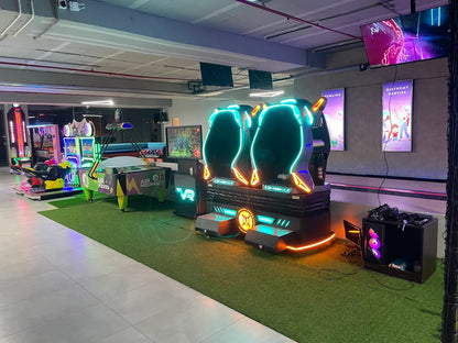 An arcade with VR games, air hockey, and other attractions.