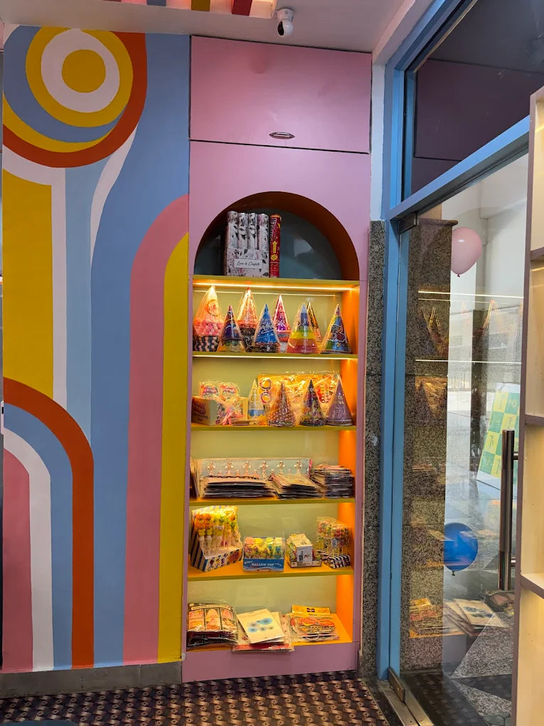Colorful wall with abstract patterns and a shelf displaying various items in a store setting.