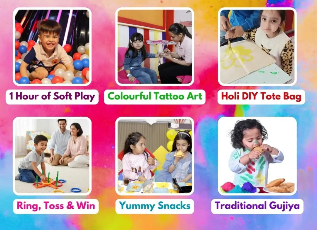 Promotional poster for Holi event at Kiddies Kingdom with colorful text and images of children playing.