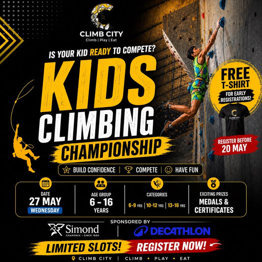 Advertisement for Kids Climbing Championship with a climber on a wall and promotional text.