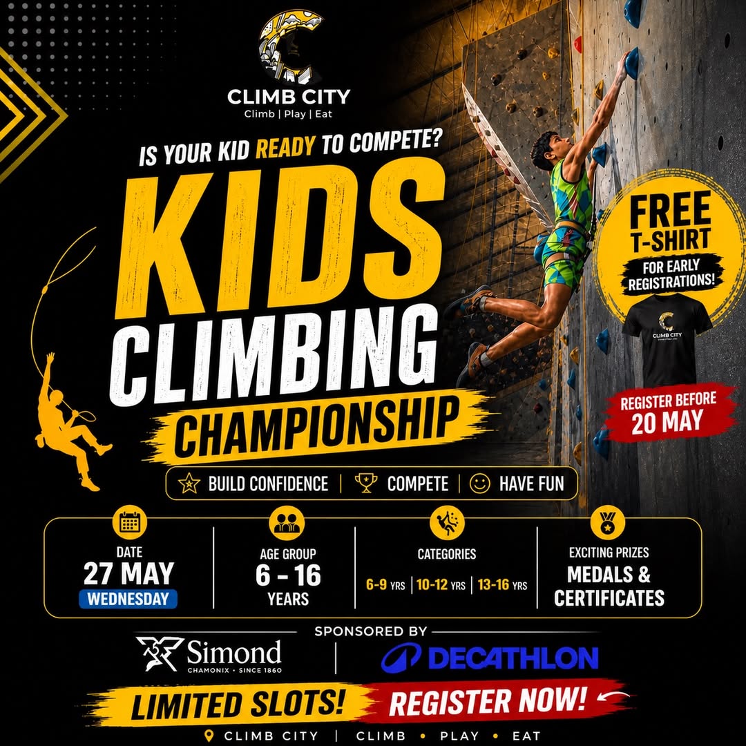 Advertisement for Kids Climbing Championship with a climber on a wall and promotional text.