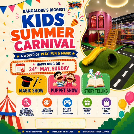 Advertisement for Bangalore's Biggest Kids Summer Carnival with colorful text and images of indoor play area.