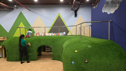 Children play on a green, artificial turf structure with a bookshelf and climbing holds.